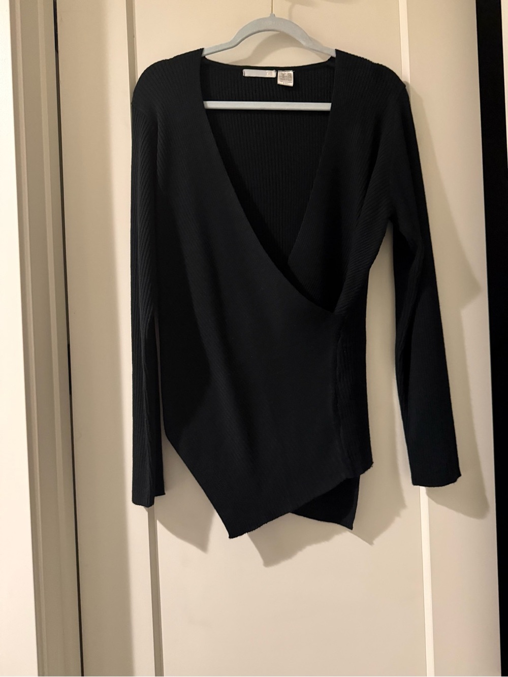 Long Sleeve Black Ribbed Wrap Tunic Top